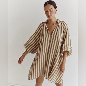 SOLD: 100% Linen Striped Beige & White Women’s Dress Megashchoni Small S/P
